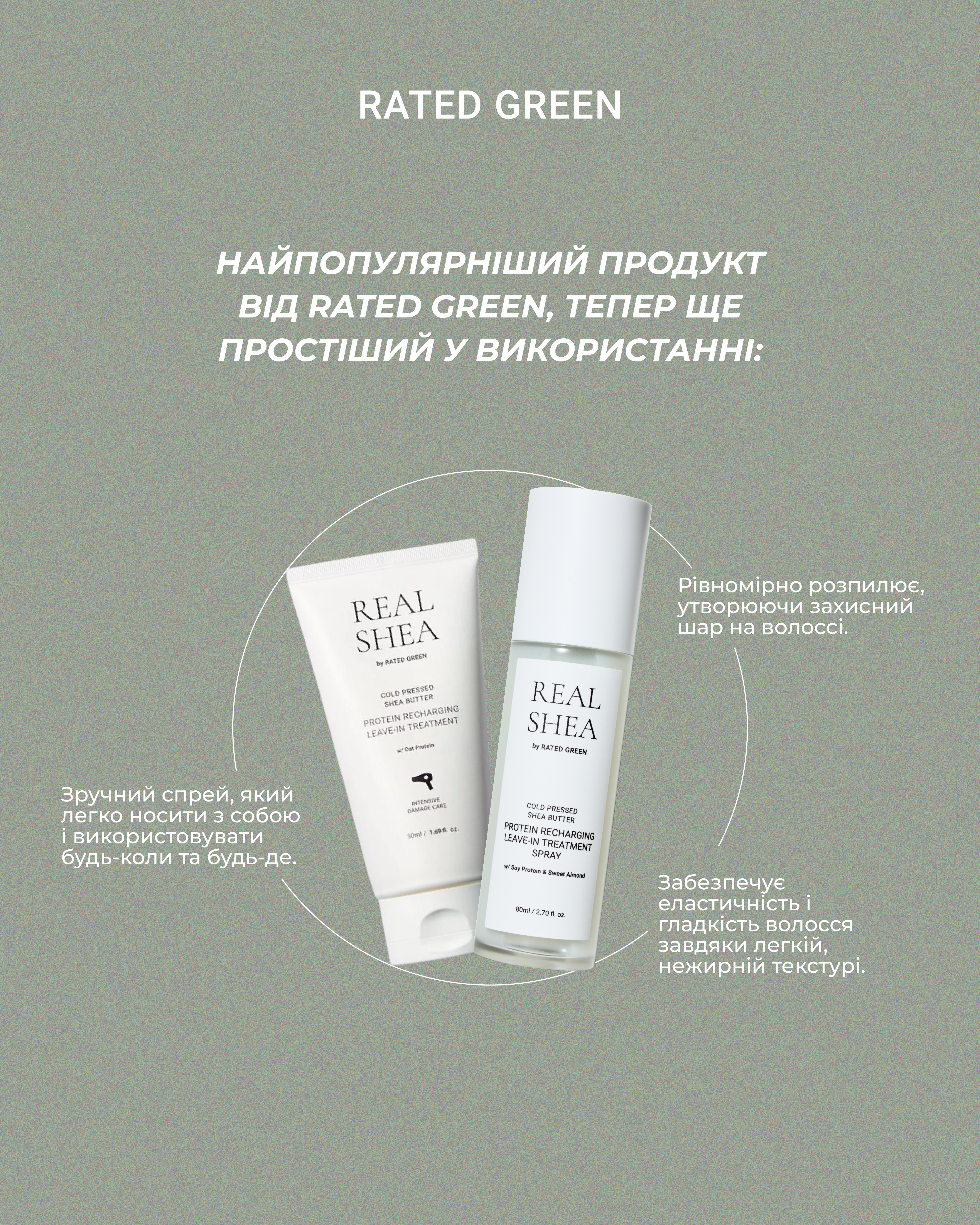 NEW Термозахисний спрей для волосся з протеїнами Rated Green Real Shea Protein Recharging Leave-in Treatment Spray